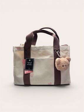 Like Dreams Cream Canvas Tote Bag with Brown Handles and Teddy Charm